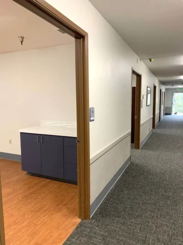 View of an open room with wooden flooring and cabinet from a carpeted hallway